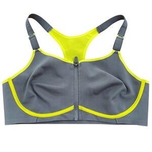 Half Moon Active Gray Neon Yellow Zip Front Sports Bra 38C Strong Racerback